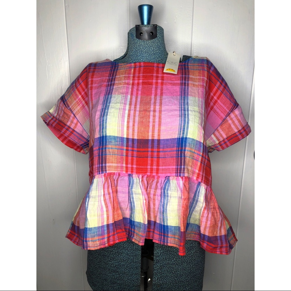 Cropped Linen Peplum Top Pink Short Sleeve Small